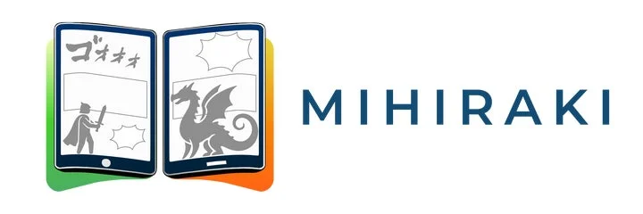 MIHIRAKIアプリのロゴと見開き表示のコンセプトイラスト