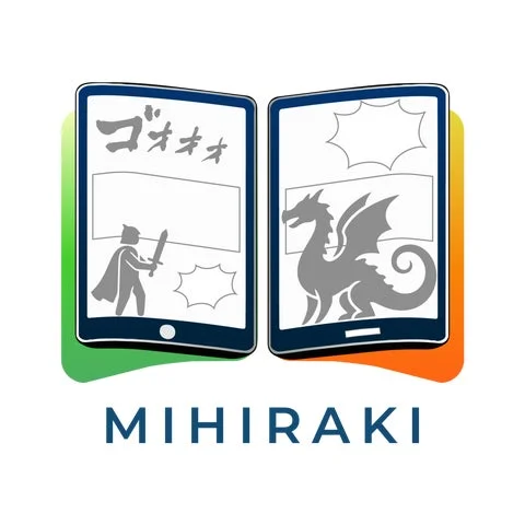 MIHIRAKIアプリのロゴと見開き読書を表現したイラスト