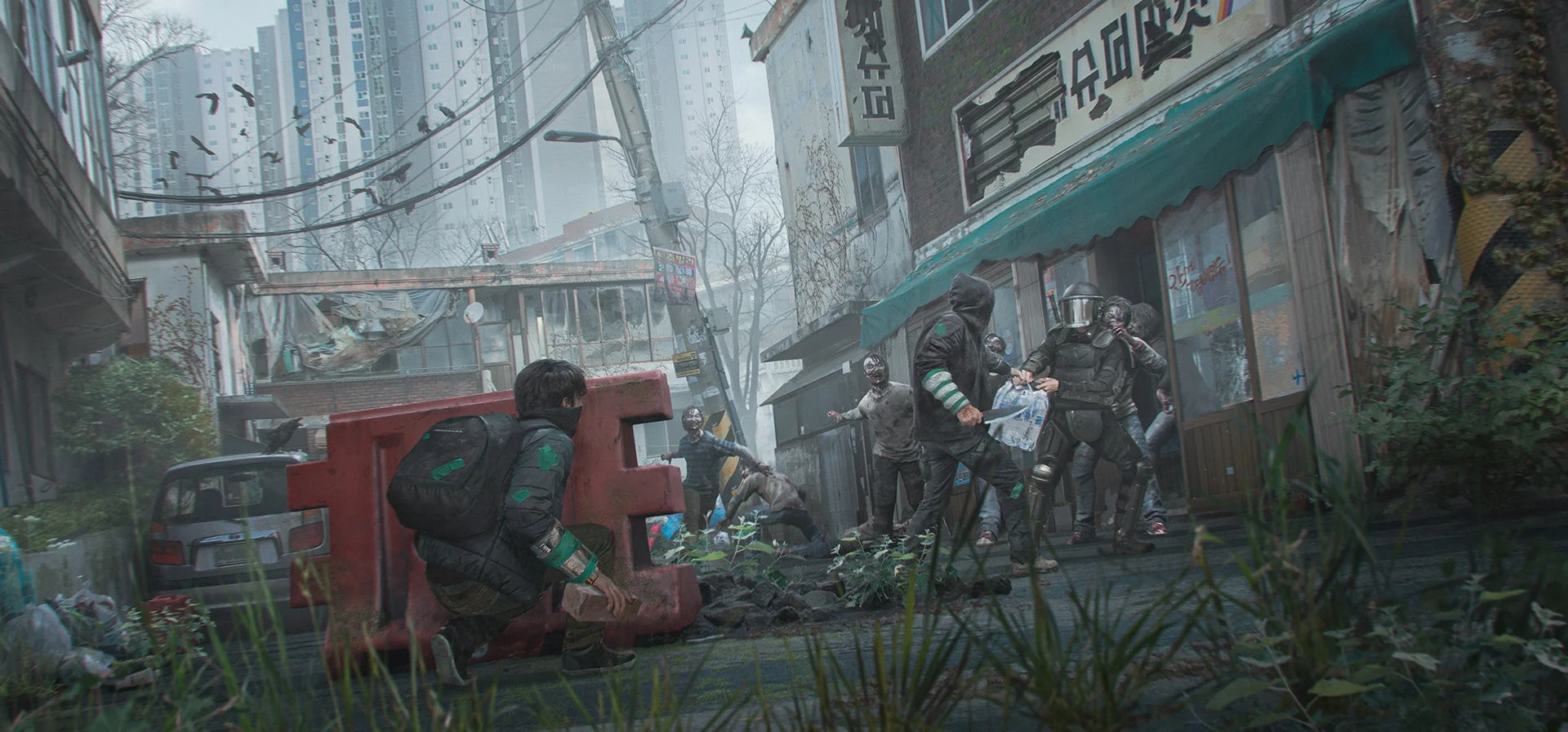 ゾンビが徘徊するソウルの街で避難民が隠れる様子