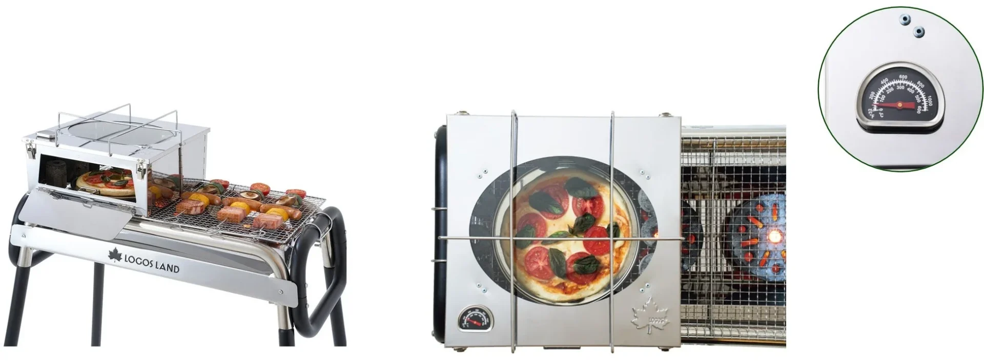 BBQグリルでピザを調理中のLOGOS BBQ DE オーブンと温度計