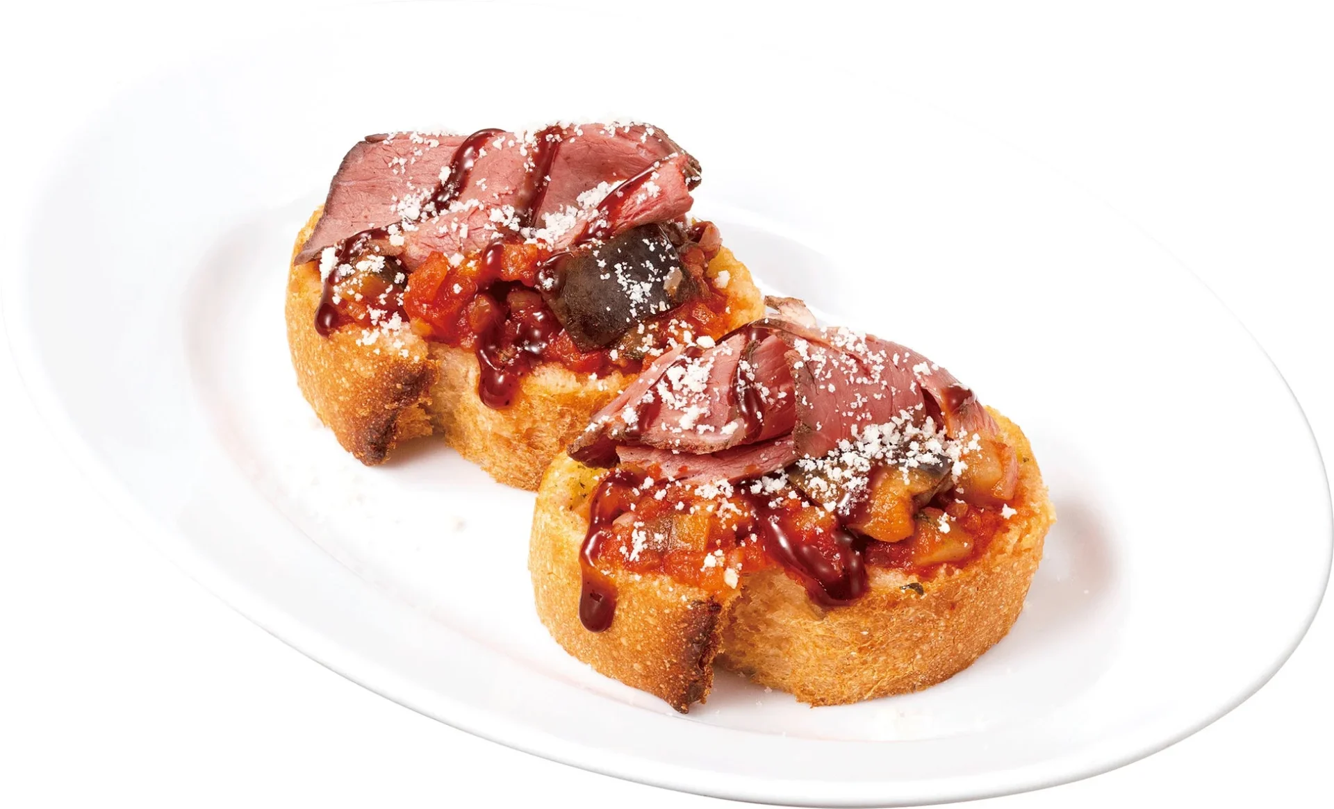 ローストビーフとカポナータを乗せた食べ応えのあるブルスケッタ