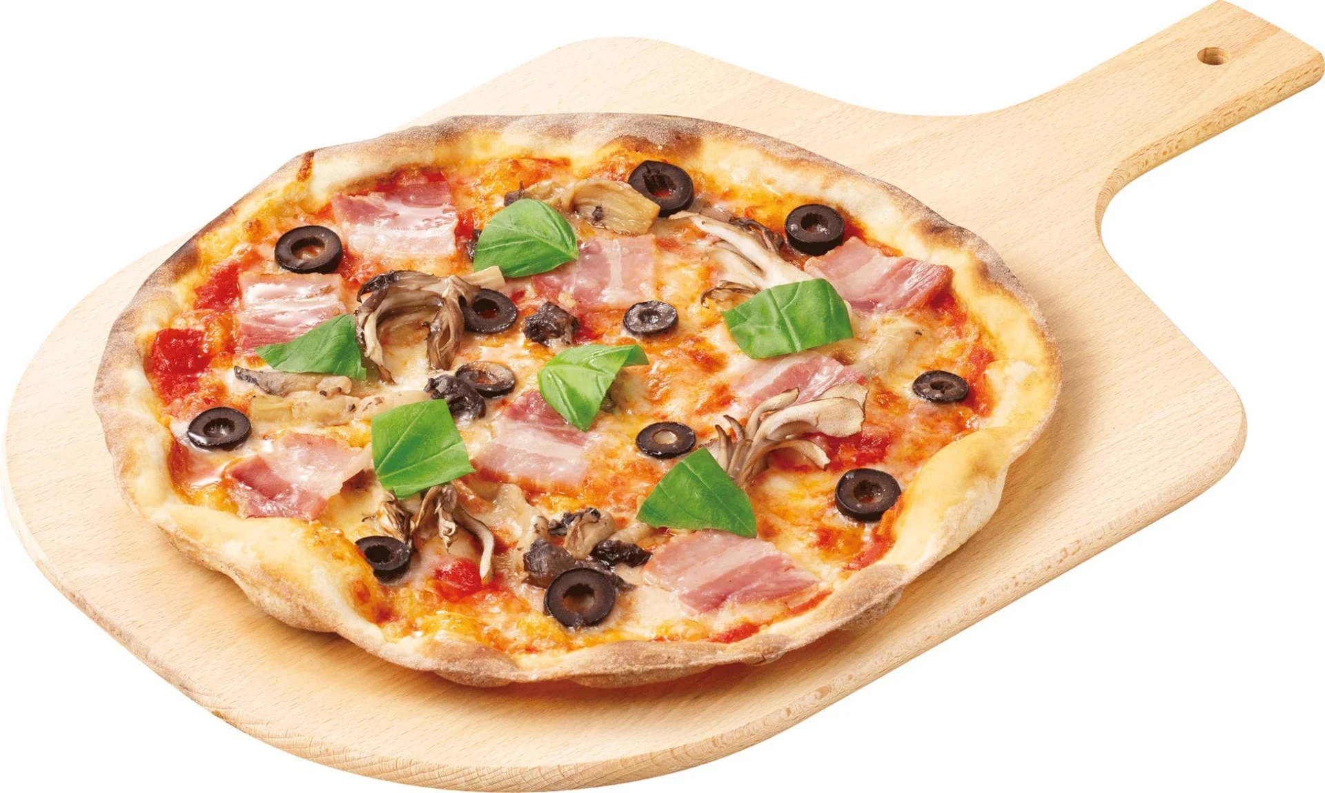 舞茸やヒラタケ、ベーコン、オリーブをトッピングした木こり風ピッツァ