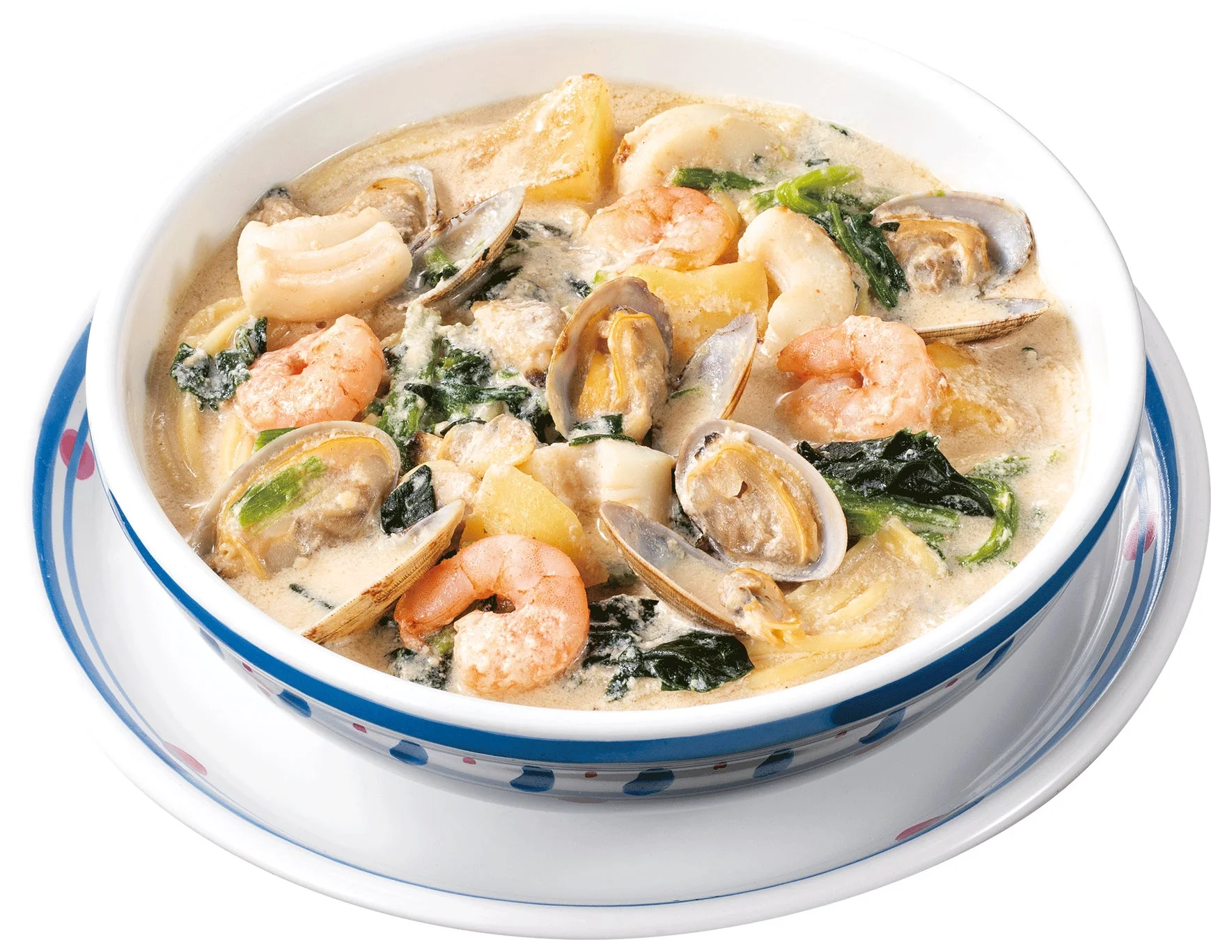 エビやあさり、イカが入った魚介の旨みたっぷりの豆乳スープパスタ