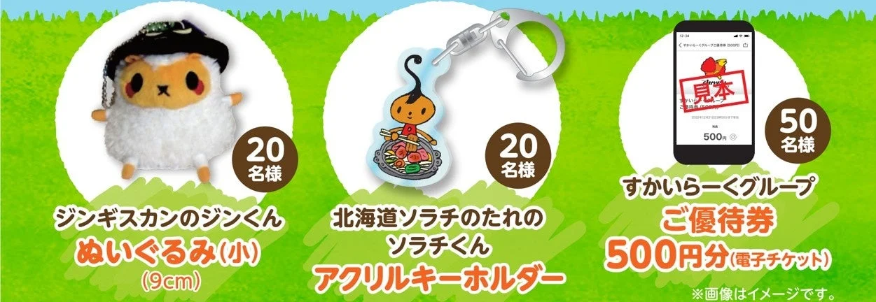 どさんこプレゼントキャンペーンの賞品、ジンギスカンのジンくんグッズとすかいらーくご優待券