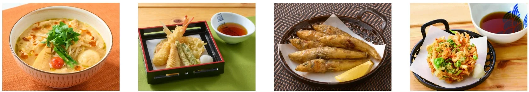 春の野菜の和風麻辣湯うどん、季節の天ぷら、メヒカリの唐揚げ、桜海老のかき揚げ