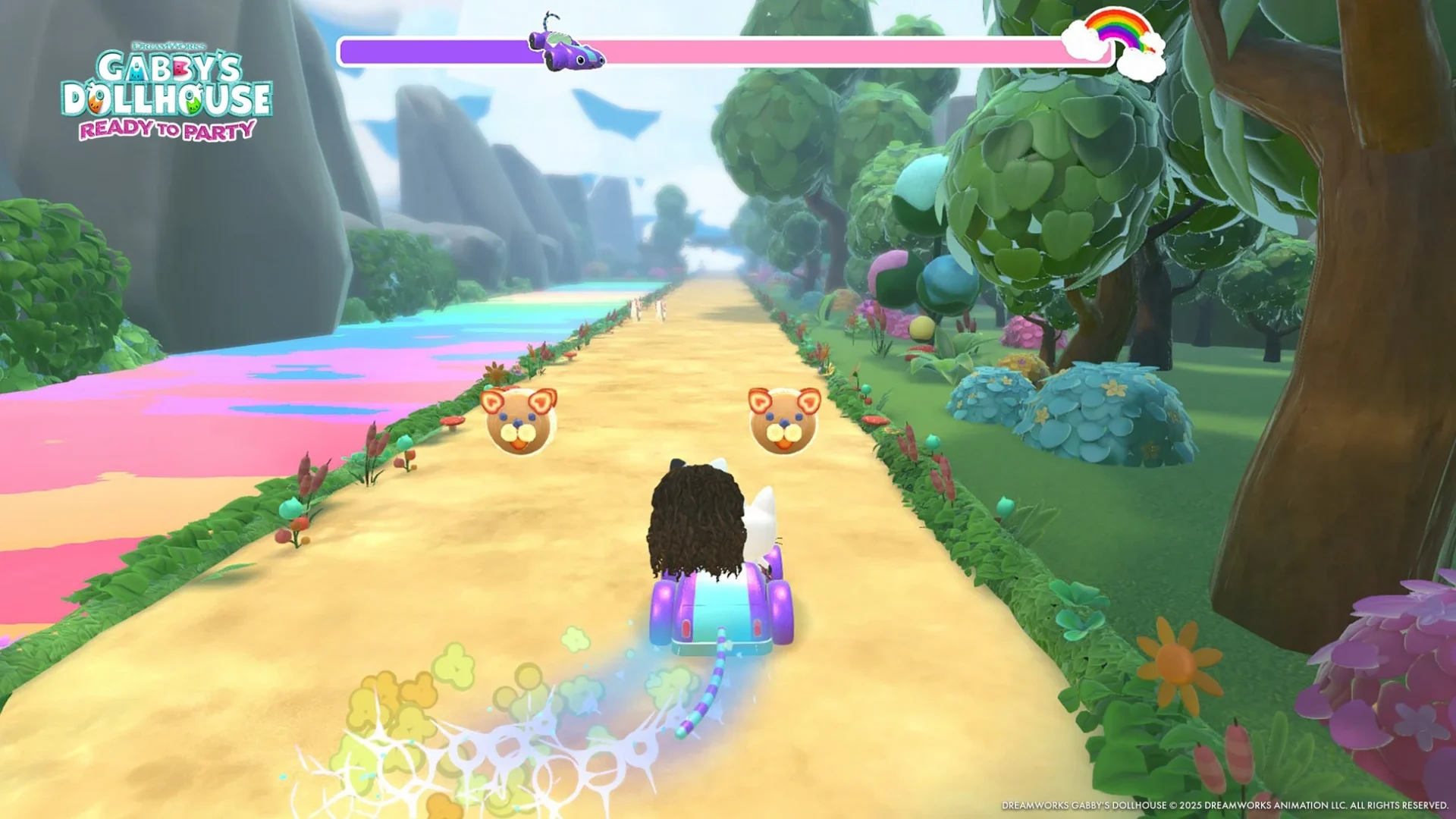 ギャビーがカートに乗って障害物コースを進むゲーム画面