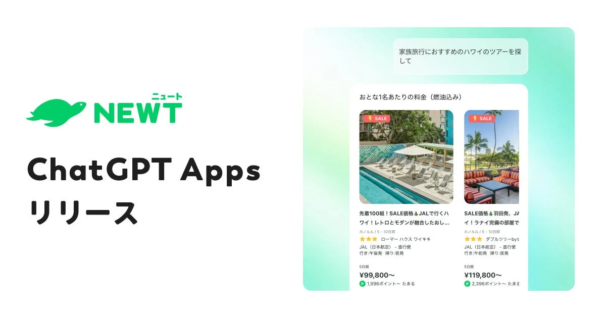 NEWTのロゴとChatGPT上で海外ツアーを検索しているUI画面