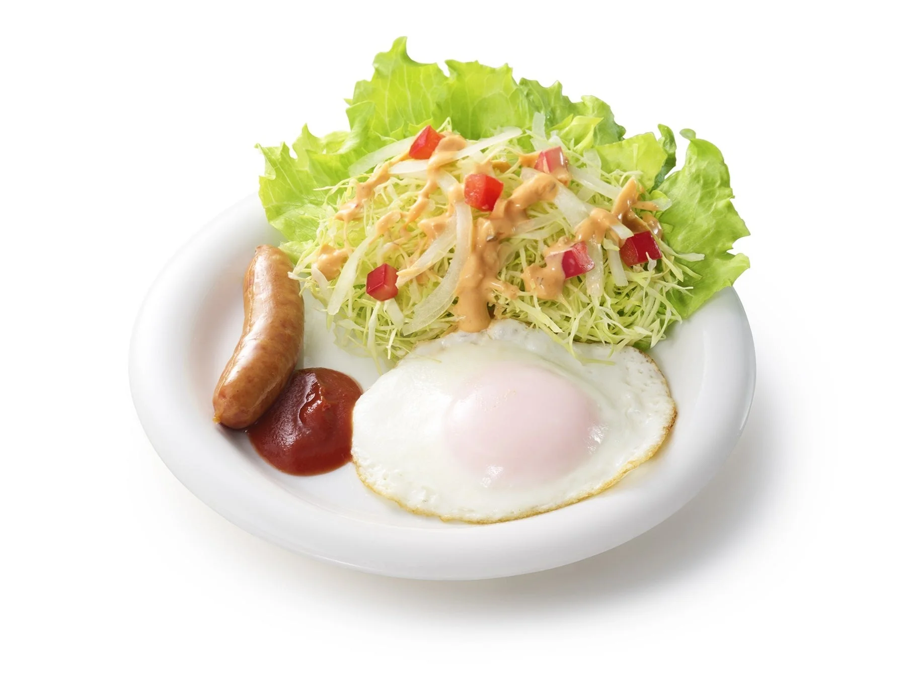 店舗限定「朝モスプレート」の目玉焼き、ソーセージ、サラダ