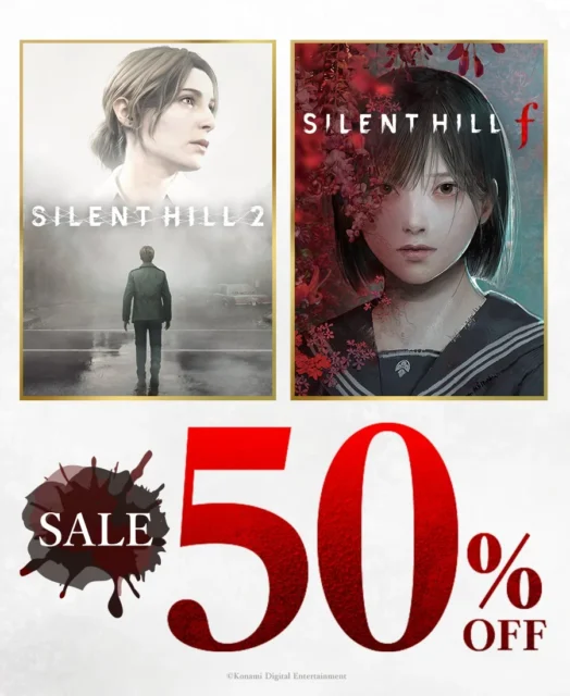 SILENT HILL 2とSILENT HILL fのセールを告知する50%オフのビジュアル