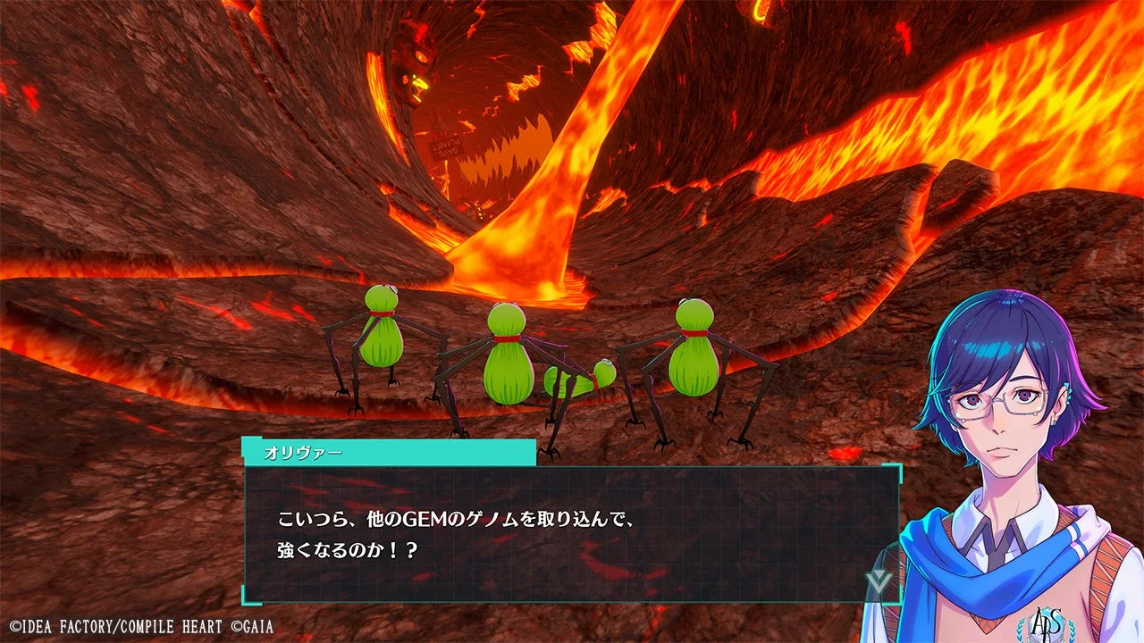 ゲーム画面：敵「GEM」とのバトルとキャラクター「オリヴァー」の会話