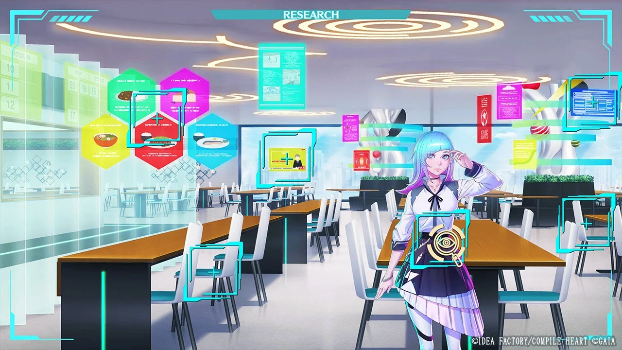 ゲーム画面：リサーチ機能「調べる」で周辺を調査する様子