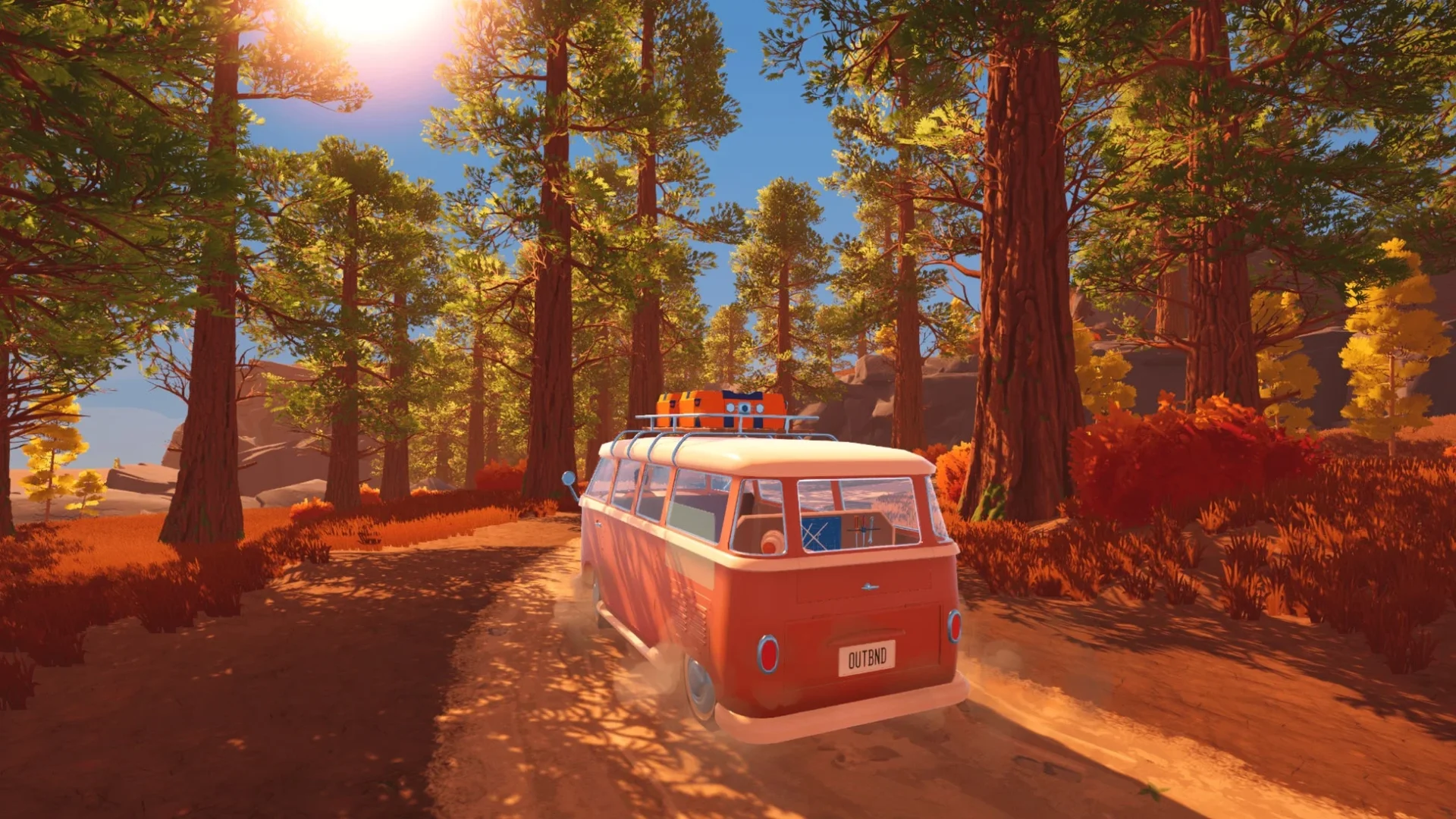 森の中を走るキャンピングカーのゲーム画面