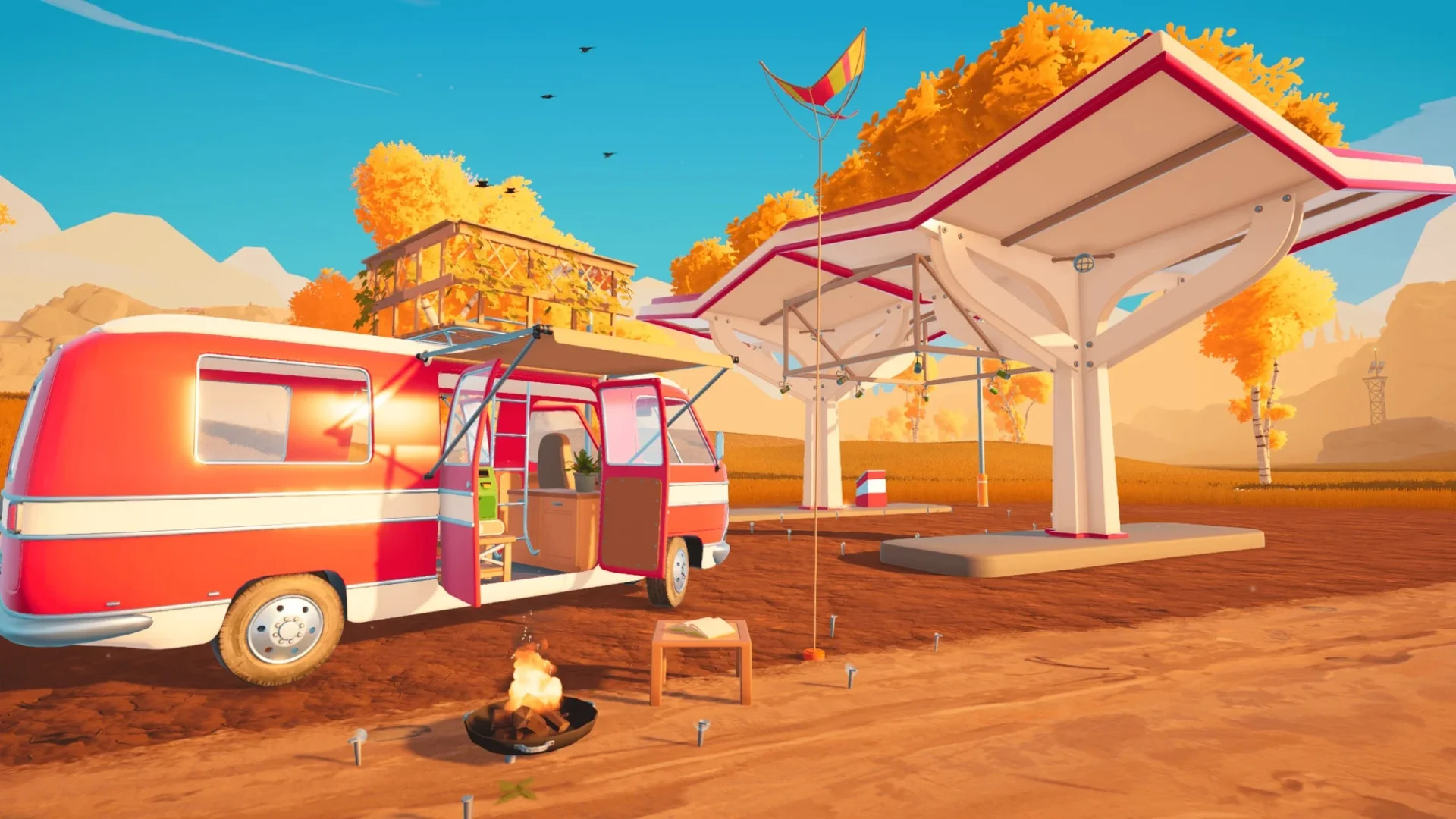 キャンプサイトで焚き火を楽しむキャンピングカーのゲーム画面