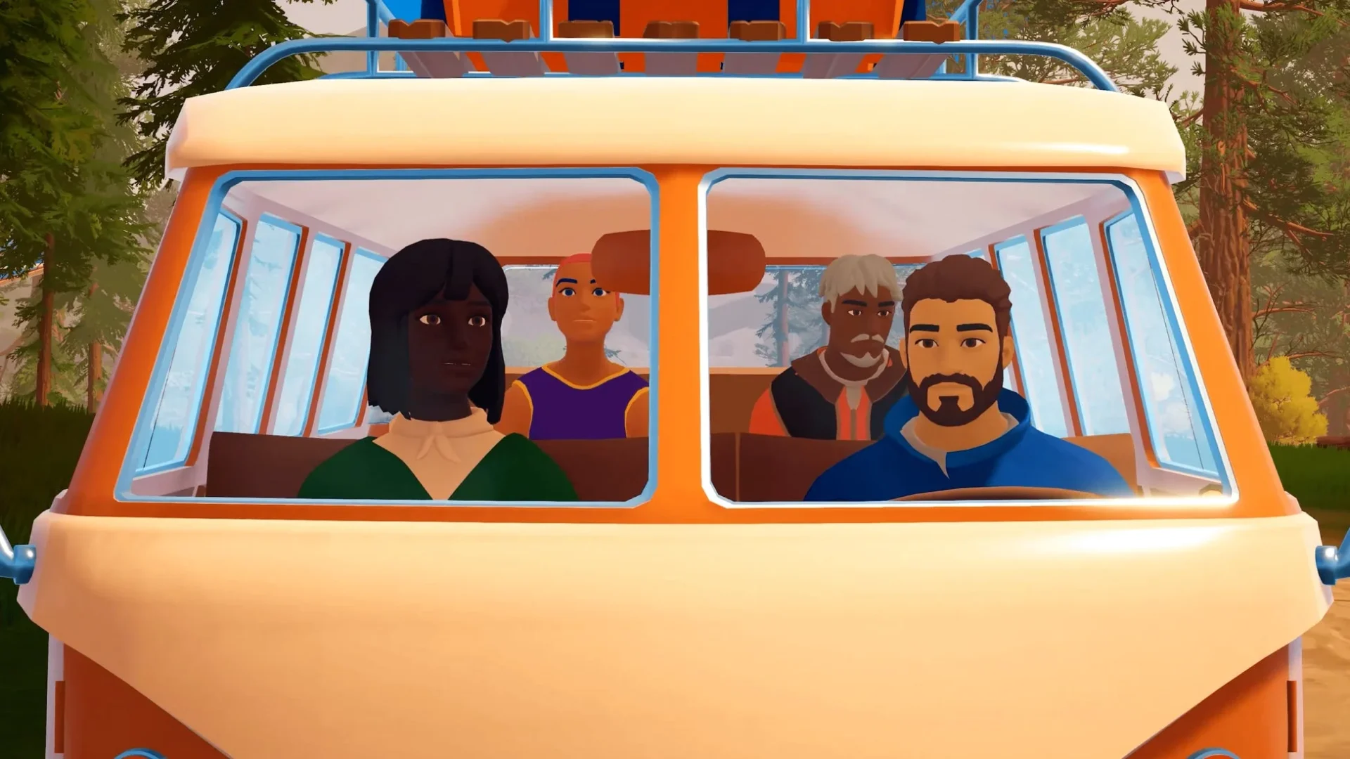 キャンピングカーの運転席で仲間と旅をする様子