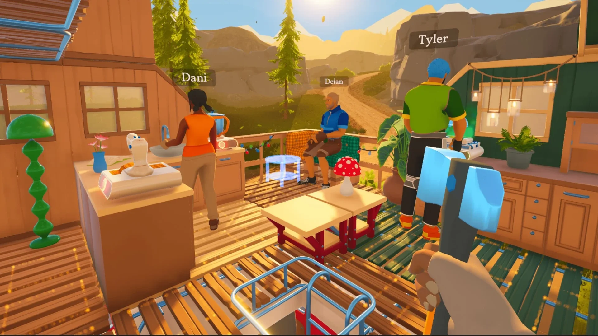 仲間と協力してキャンプを楽しむゲームプレイ画面