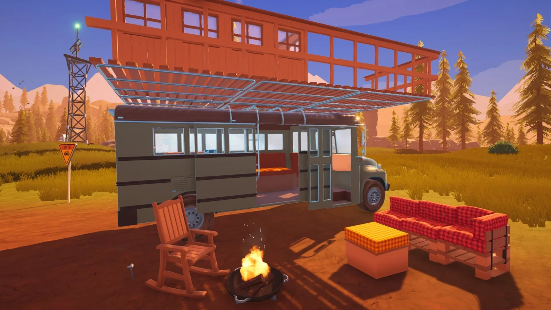 改造されたスクールバスが秘密基地として機能する様子