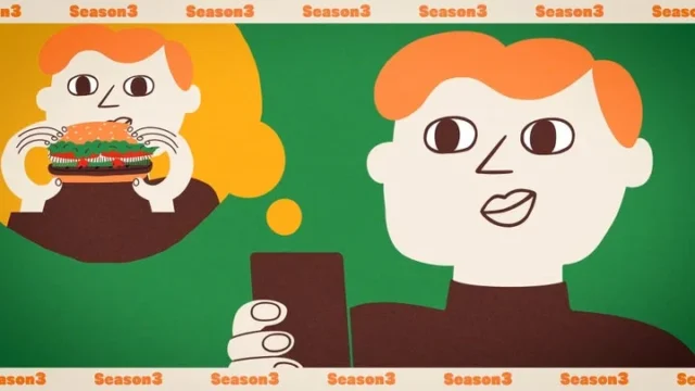 スマートフォンを見ながらバーガーキングのワッパーを想像する人のイラスト。