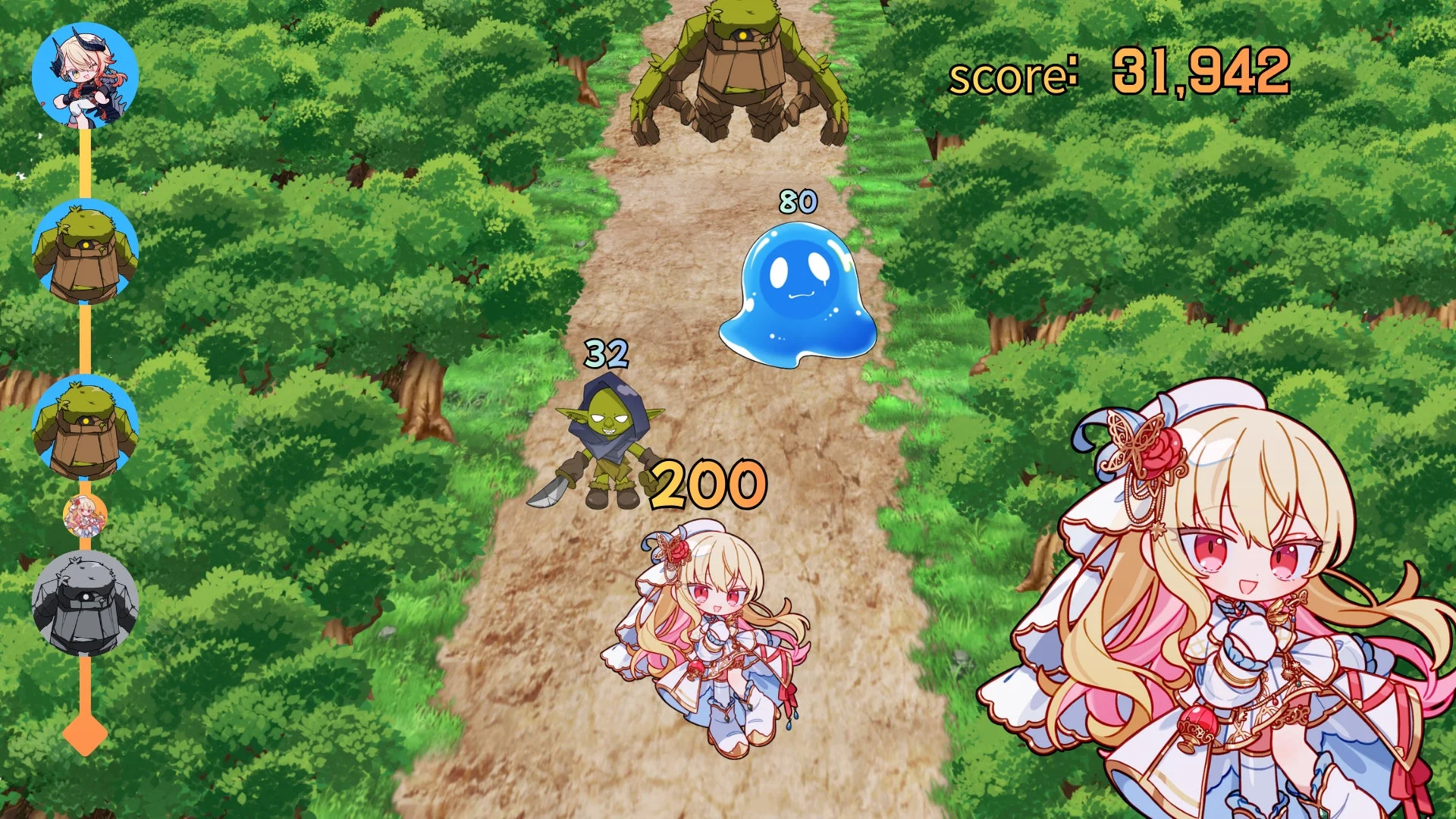 『Gun Girl Go』ゲームプレイ画面、草原ステージで敵と戦うキャラクター