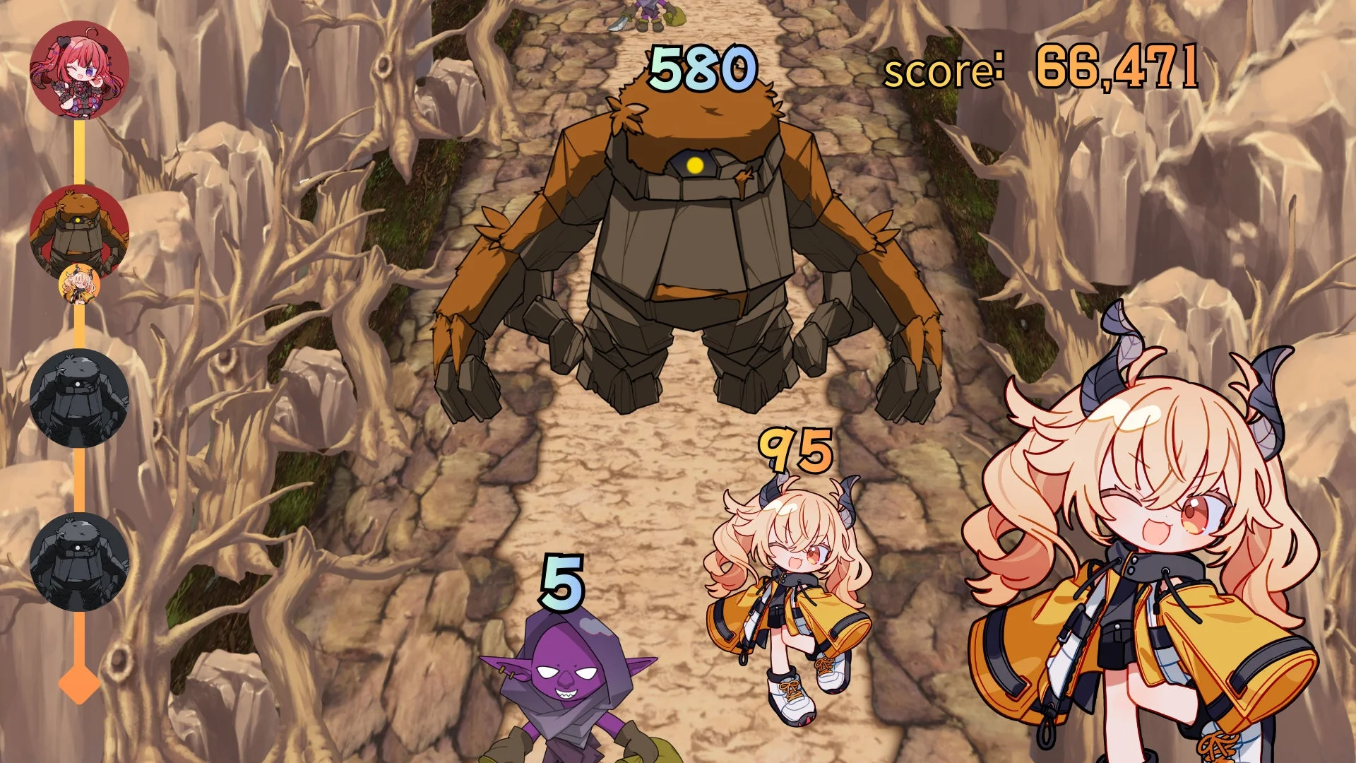 『Gun Girl Go』ゲームプレイ画面、岩場ステージでボスと戦うキャラクター