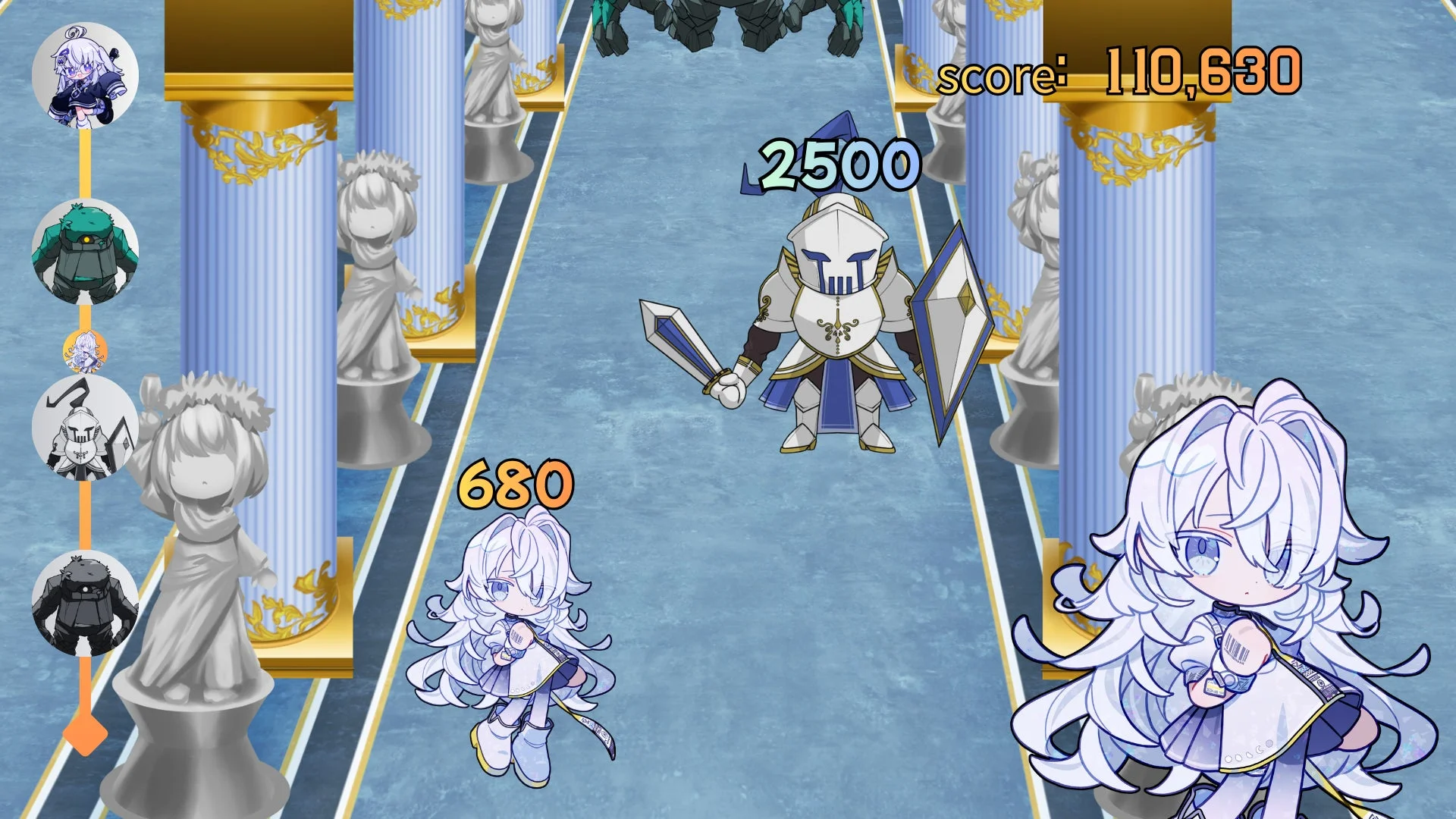 『Gun Girl Go』ゲームプレイ画面、神殿ステージで敵と戦うキャラクター