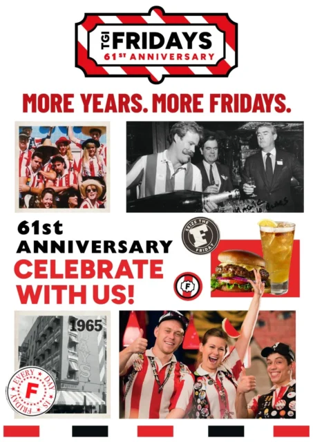 TGIフライデーズ創業61周年を祝う歴史と現在のビジュアルコラージュ