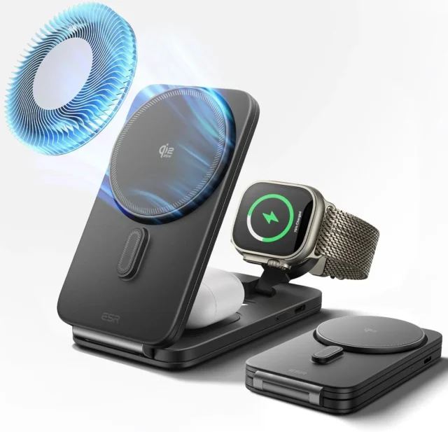 iPhone、Apple Watch、AirPodsを充電できるESRの折りたたみ3in1充電器