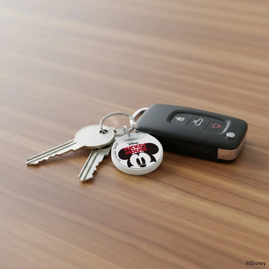 ミッキーマウスの紛失防止タグを鍵に取り付けた使用例