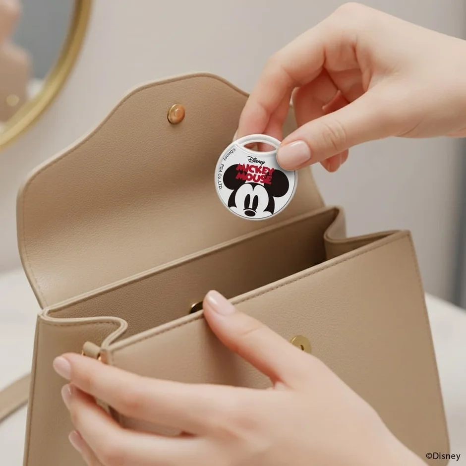 ミッキーマウスの紛失防止タグをバッグに入れる使用例