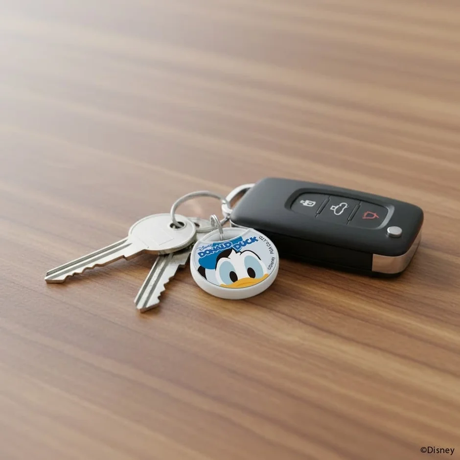 ドナルドダックの紛失防止タグを鍵に取り付けた使用例