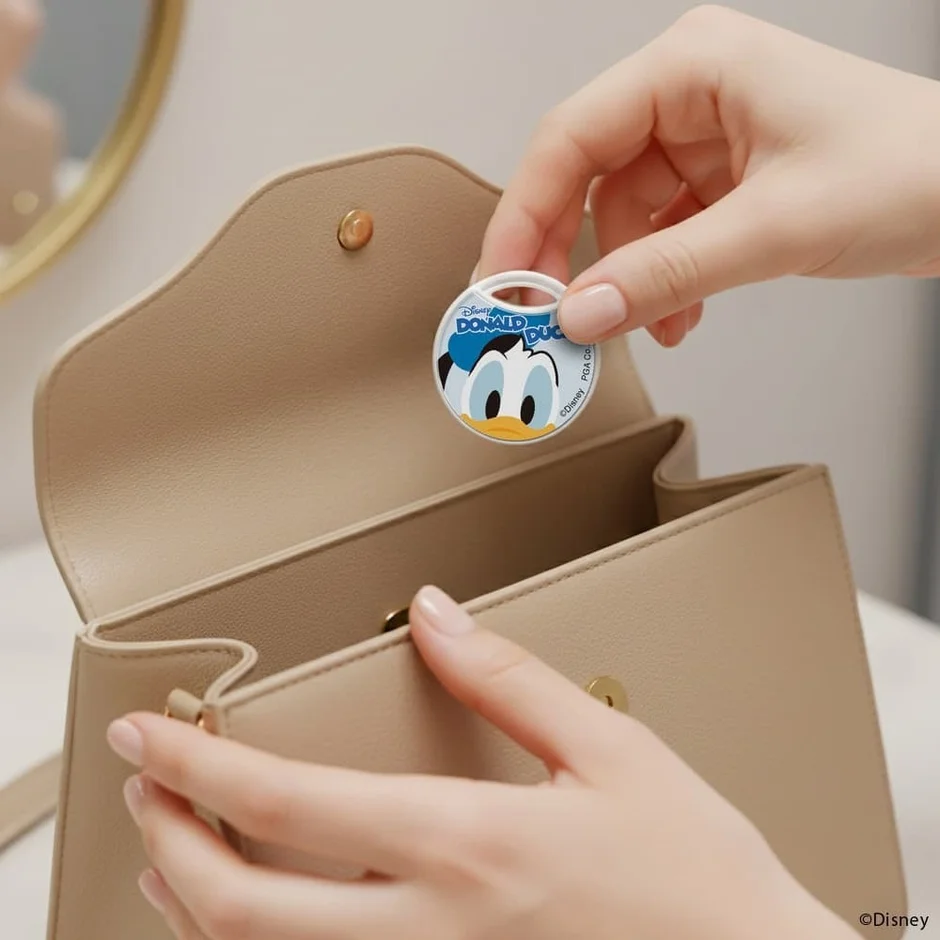 ドナルドダックの紛失防止タグをバッグに入れる使用例