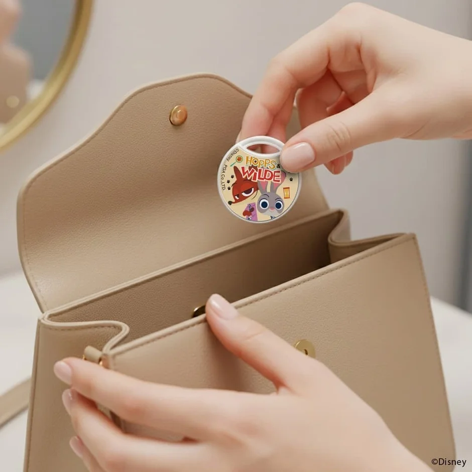 ズートピアの紛失防止タグをバッグに入れる使用例