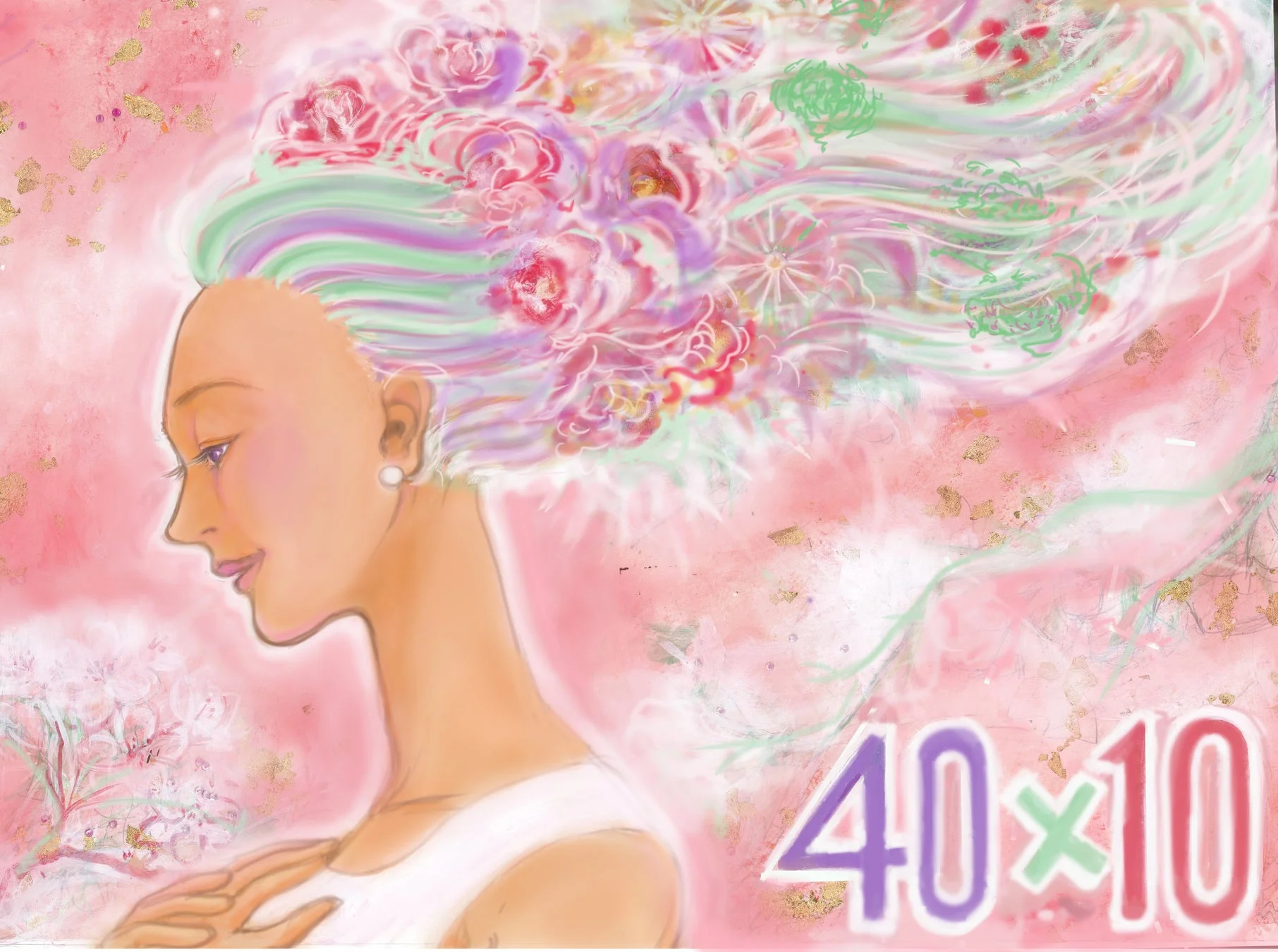 花で彩られた女性の横顔イラスト「花でつながる、未来の景色」