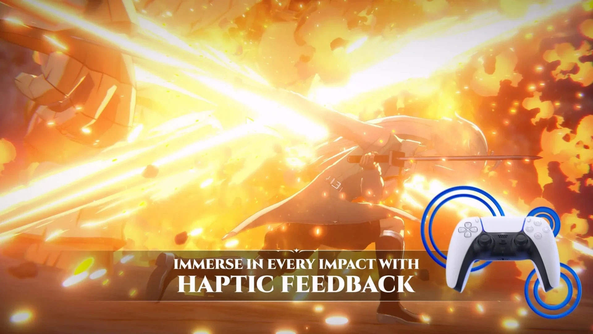 『七つの大罪：Origin』戦闘中のハプティックフィードバック体験を示す画面とDualSenseコントローラー