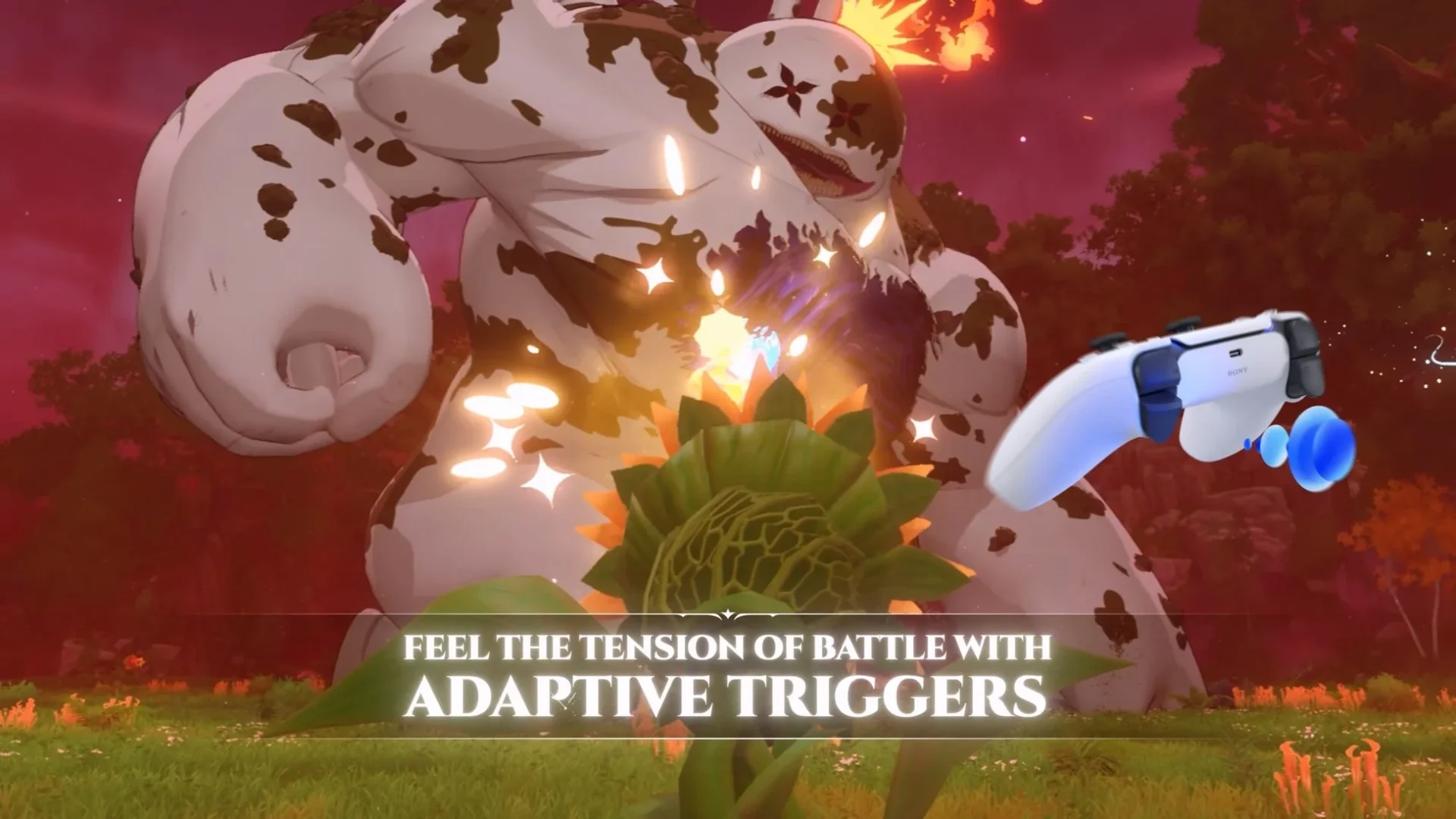 『七つの大罪：Origin』アダプティブトリガーによる戦闘の緊張感を示す画面とDualSenseコントローラー