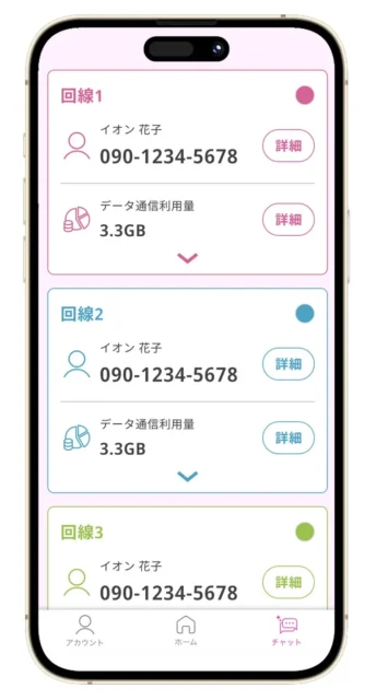 イオンモバイル公式アプリのシェアプラン回線一覧画面