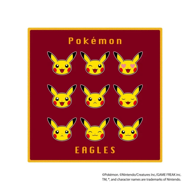 楽天イーグルスとピカチュウの様々な表情がデザインされたハンドタオル。