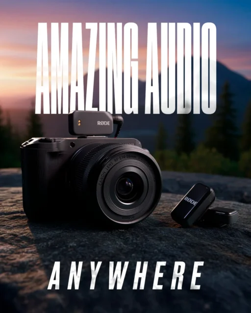 カメラに装着されたRODEワイヤレスマイクと高音質をアピールする画像