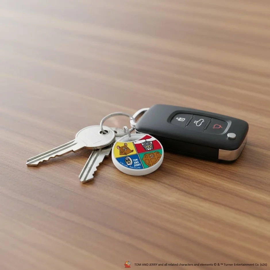トムとジェリー(カラフル)紛失防止タグを鍵に付けた様子
