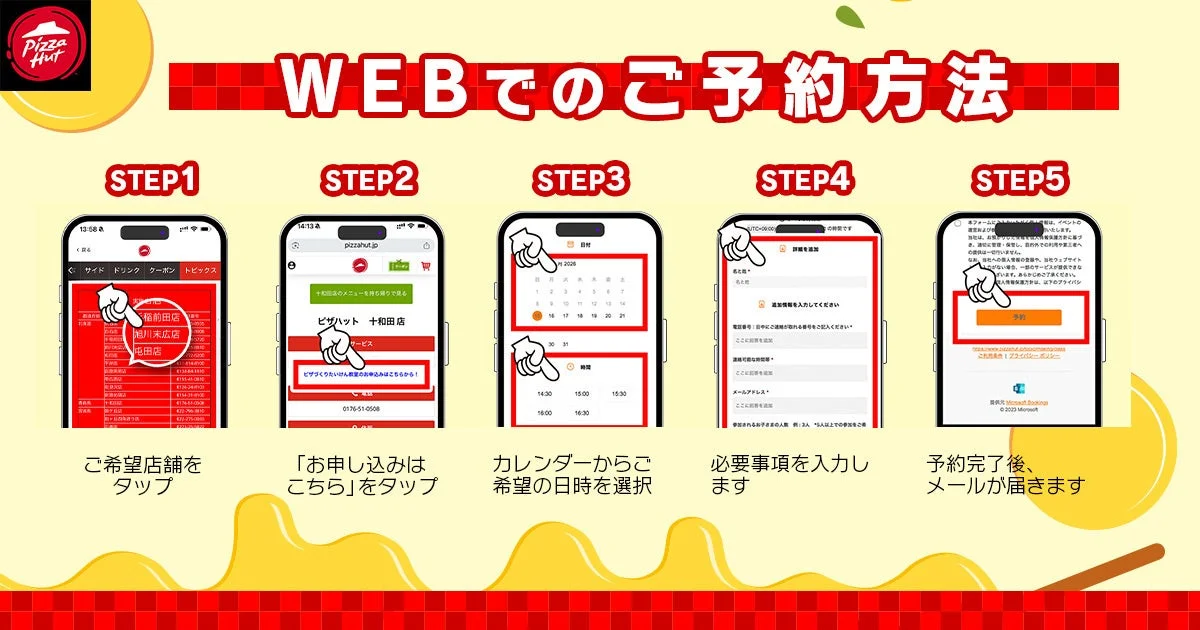 ピザづくりたいけん教室のWEB予約方法を5つのステップで説明するUI画面のスクリーンショット。