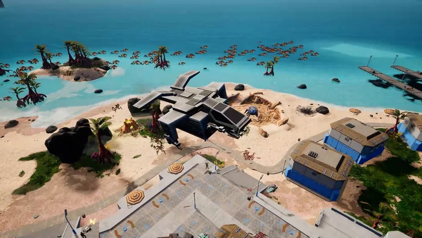 広大な戦場に降り立つ輸送機と無数のアラクニド