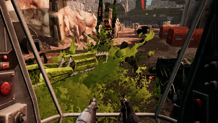 一人称視点でバグと交戦する激しい戦闘シーン