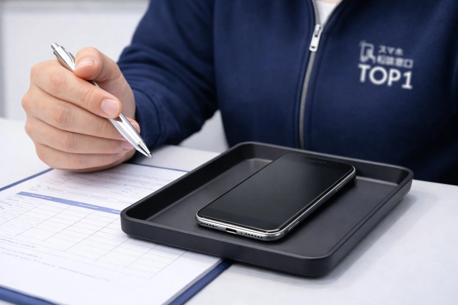 『スマホ相談窓口 TOP1』のスタッフがスマートフォンを査定している様子。