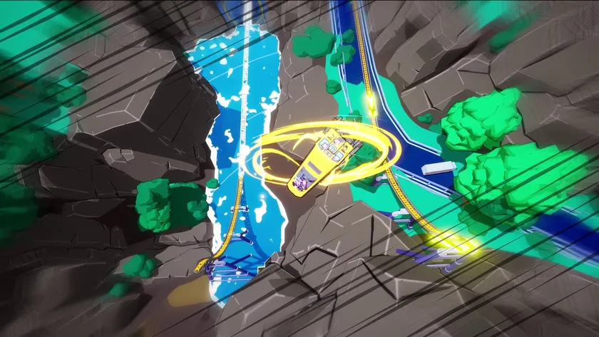 渓谷でアクロバティックなトリックを決める電車のゲームプレイ画面