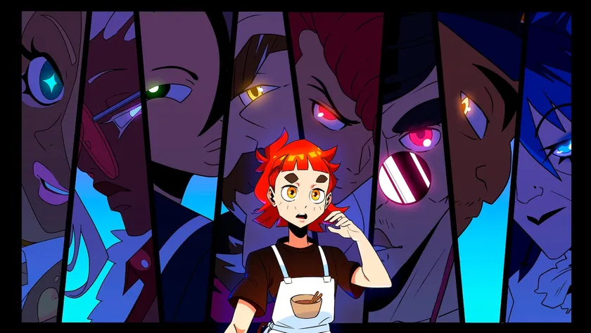 主人公エミと個性豊かなライバルキャラクターたちの集合イラスト