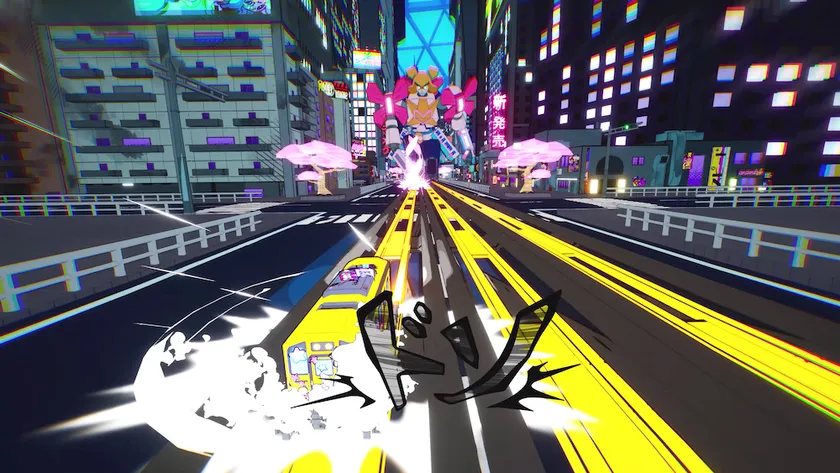 ディストピアの未来都市で巨大な敵と対峙する電車のゲームプレイ画面