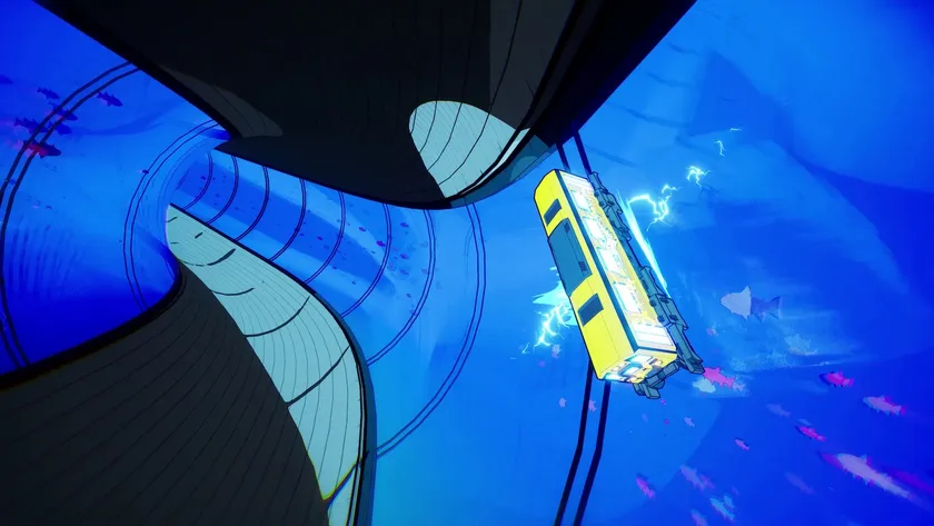 水中トンネルを疾走しトリックを決める電車のゲームプレイ画面