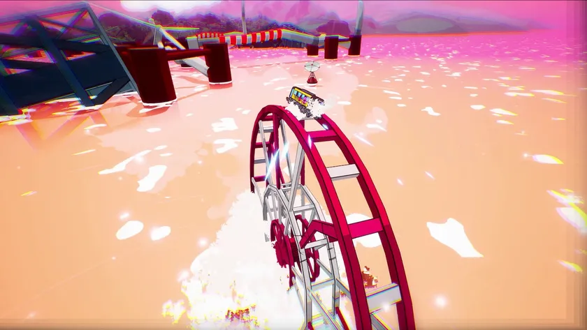 観覧車のようなレールを駆け上がる電車のゲームプレイ画面