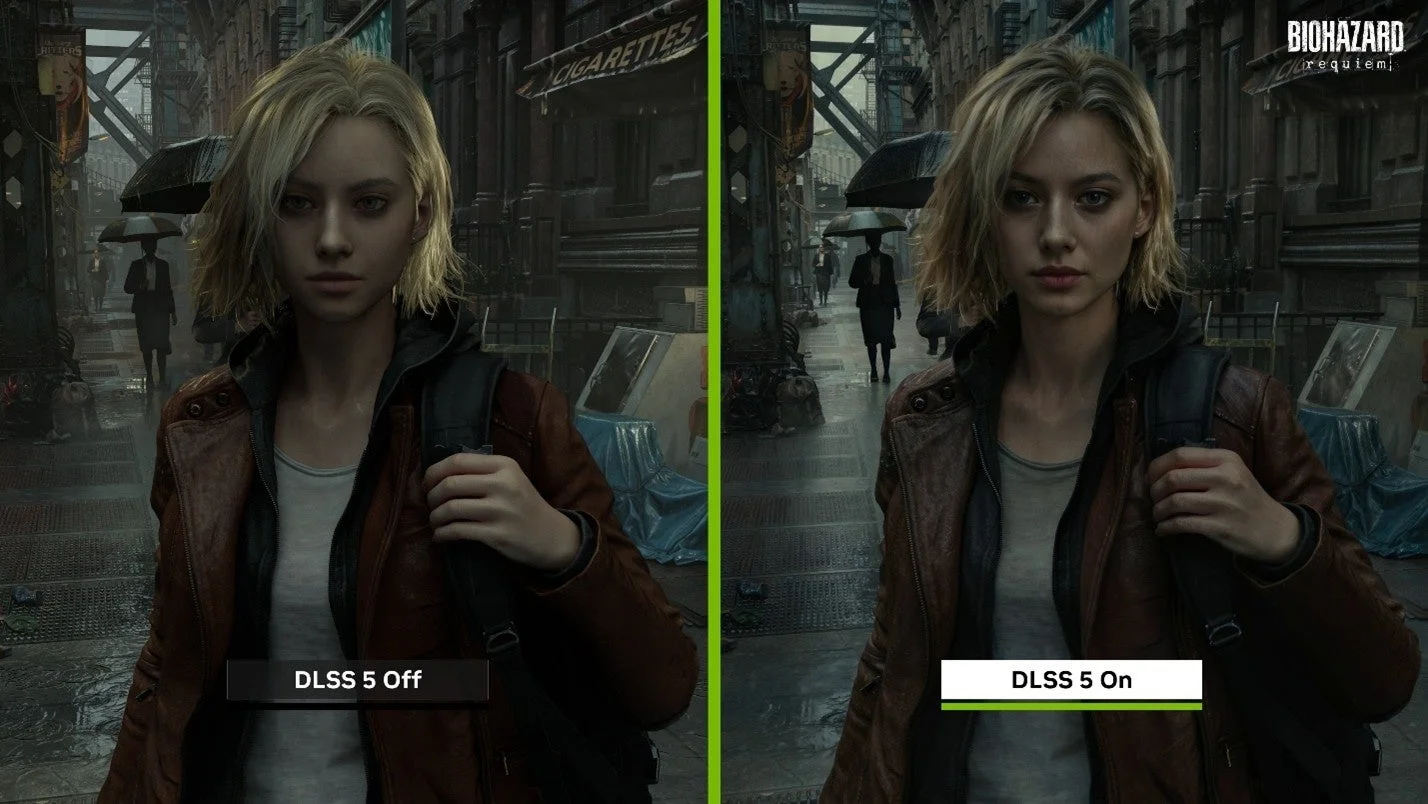 NVIDIA DLSS 5の視覚的忠実度比較：左がオフ、右がオンの状態を示すゲーム画面