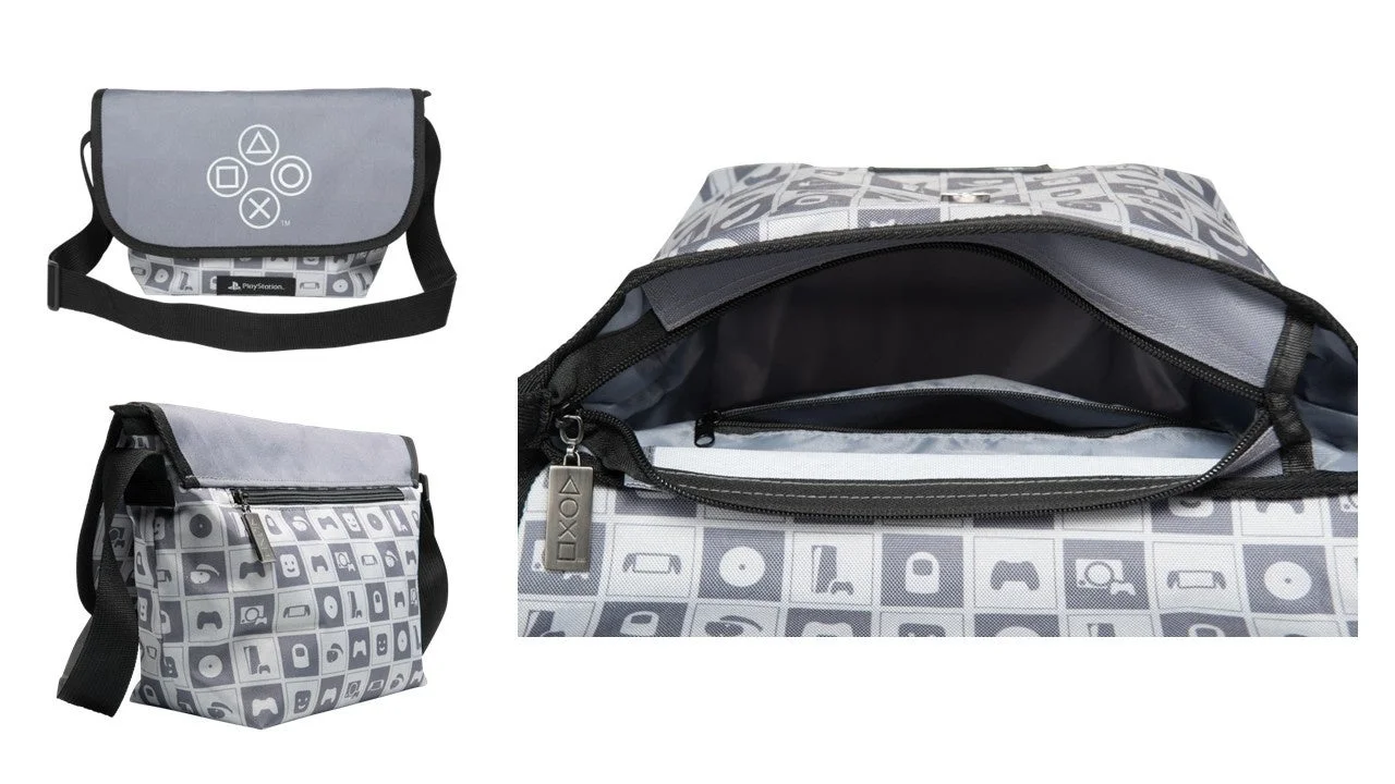 PlayStation歴代ハードウェアモチーフのメッセンジャーバッグの外観と収納部