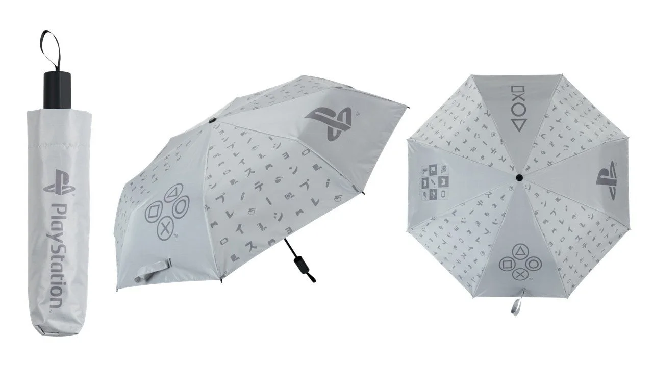 PlayStationモチーフの晴雨兼用折り畳み傘の収納時と開いた状態